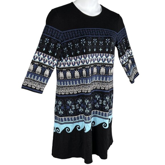 J McLaughlin XL Black Blue Fair Isle Nordic Print Midi Shift Dress 3/4 Sleeves - Picture 6 of 16